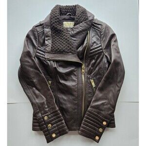 Michael Kors brown leather quilted moto jacket full zip asymmetrical collar‎ XS
